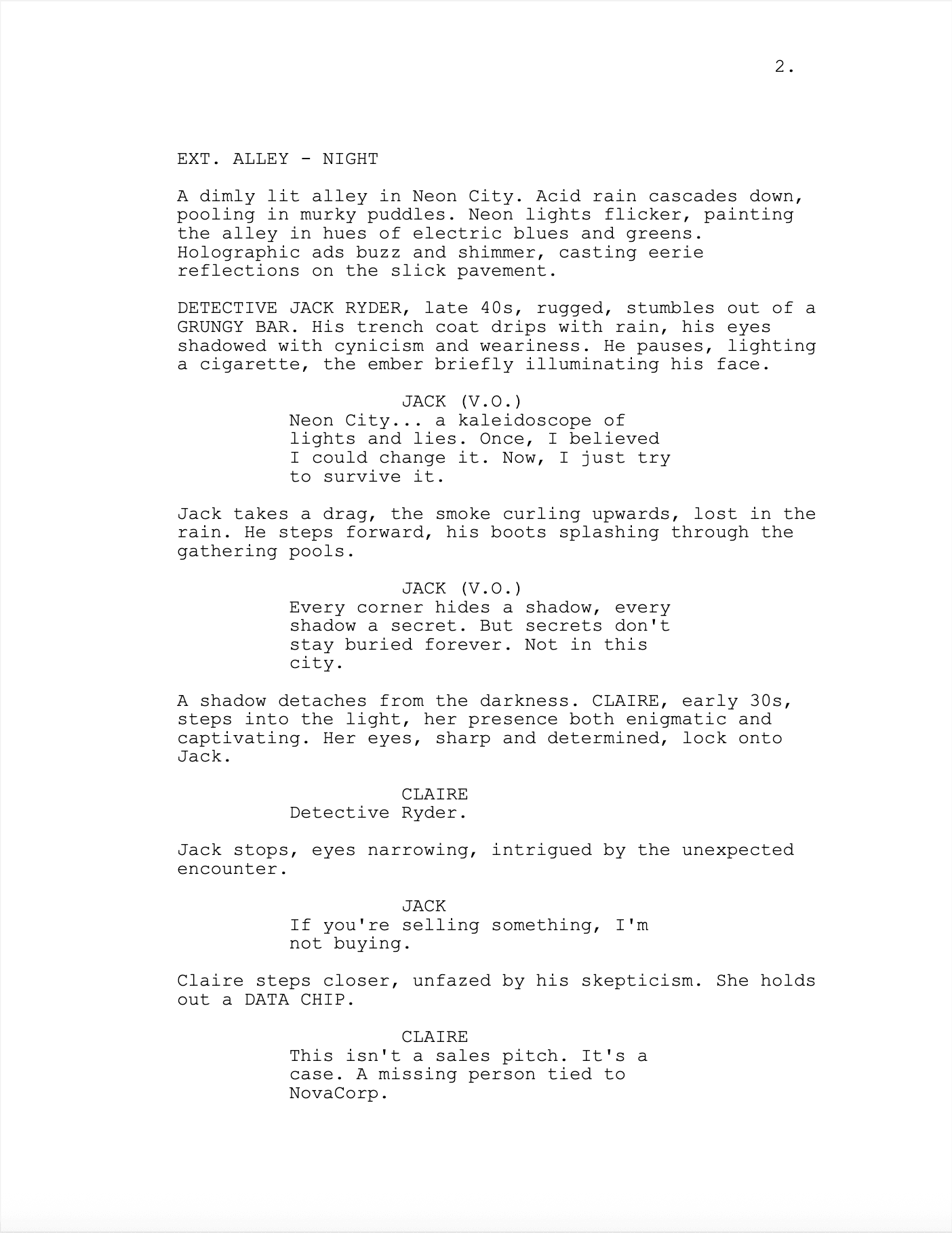 Example script page for the prompt: We Crafted a Moody Sci-Fi Noir